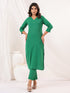 Janasya Women's Green Linen Cotton Solid Straight Kurta Pant Set